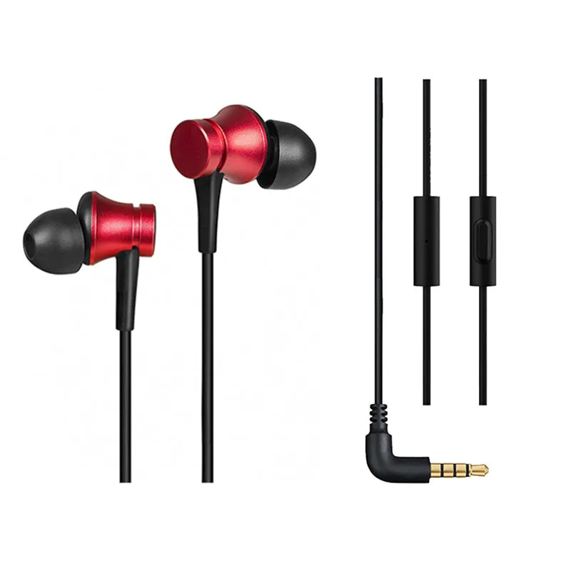 Piston style wired in-ear headphones with 3.5mm jack in black, blue, and red colour options.