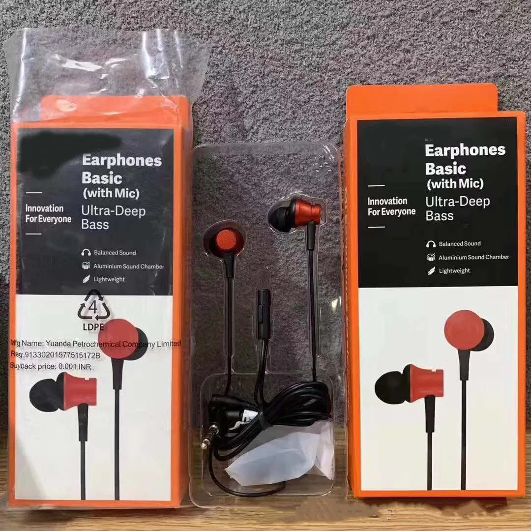 Piston style wired in-ear headphones with 3.5mm jack in black, blue, and red colour options.