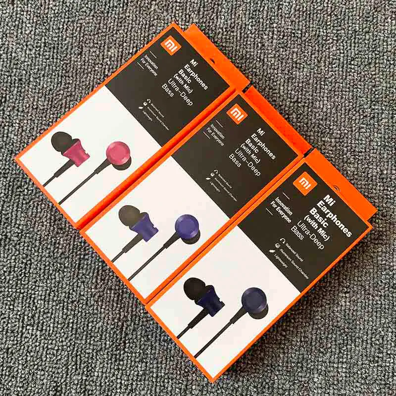 Piston style wired in-ear headphones with 3.5mm jack in black, blue, and red colour options.