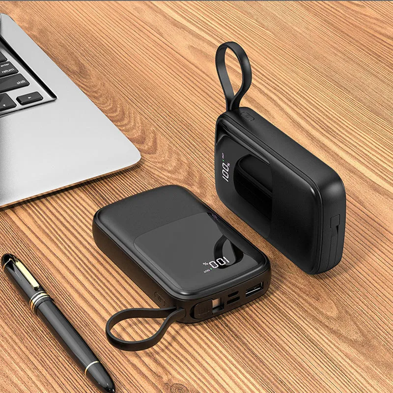 Portable power bank with multi-USB output, 104mm dimensions, black plastic shell