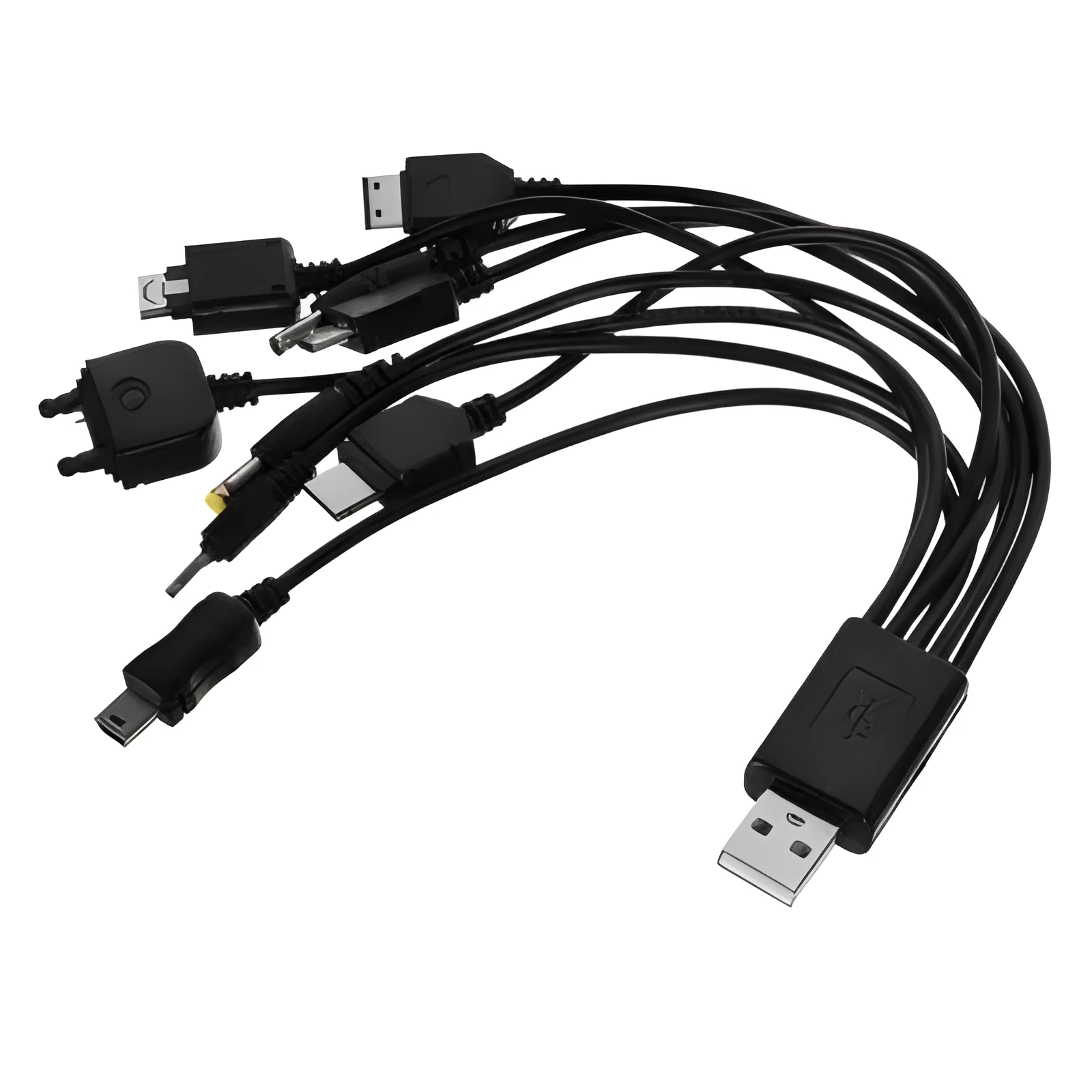 Black 10-in-1 universal USB charging sync data cable 25.5cm length on white background