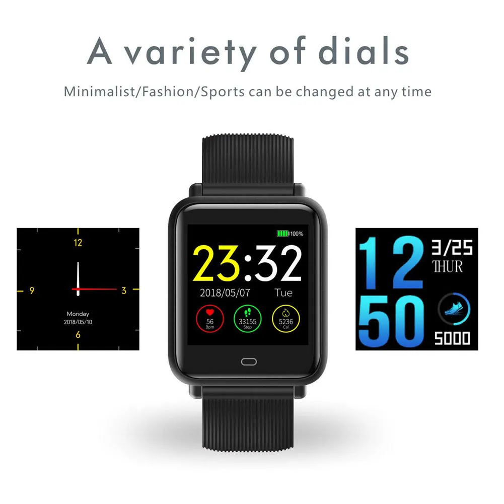 Q9 smart watch with 1.3 inch touch screen on silicone strap, black, showing heart rate display