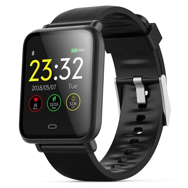 Q9 smart watch with 1.3 inch touch screen on silicone strap, black, showing heart rate display