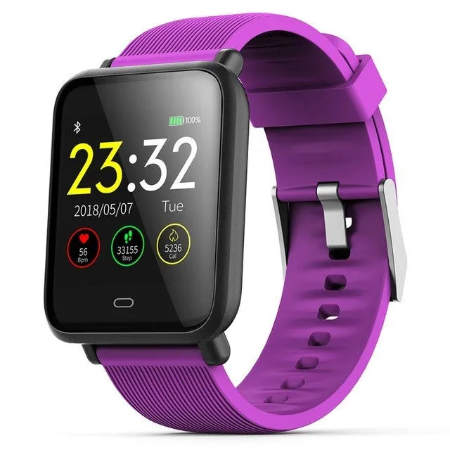 Q9 smart watch with 1.3 inch touch screen on silicone strap, black, showing heart rate display