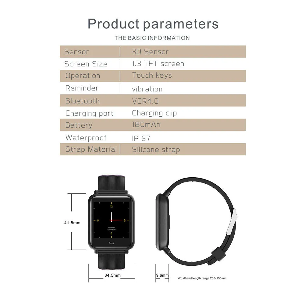 Q9 smart watch with 1.3 inch touch screen on silicone strap, black, showing heart rate display