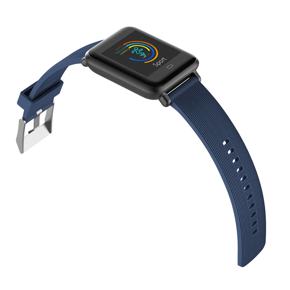 Q9 smart watch with 1.3 inch touch screen on silicone strap, black, showing heart rate display
