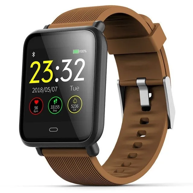 Q9 smart watch with 1.3 inch touch screen on silicone strap, black, showing heart rate display