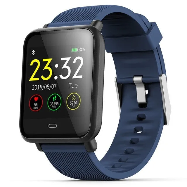 Q9 smart watch with 1.3 inch touch screen on silicone strap, black, showing heart rate display