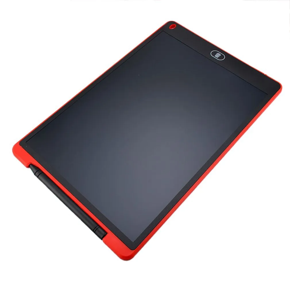 LCD electronic handwriting board for children in blue, showing stylus on screen.