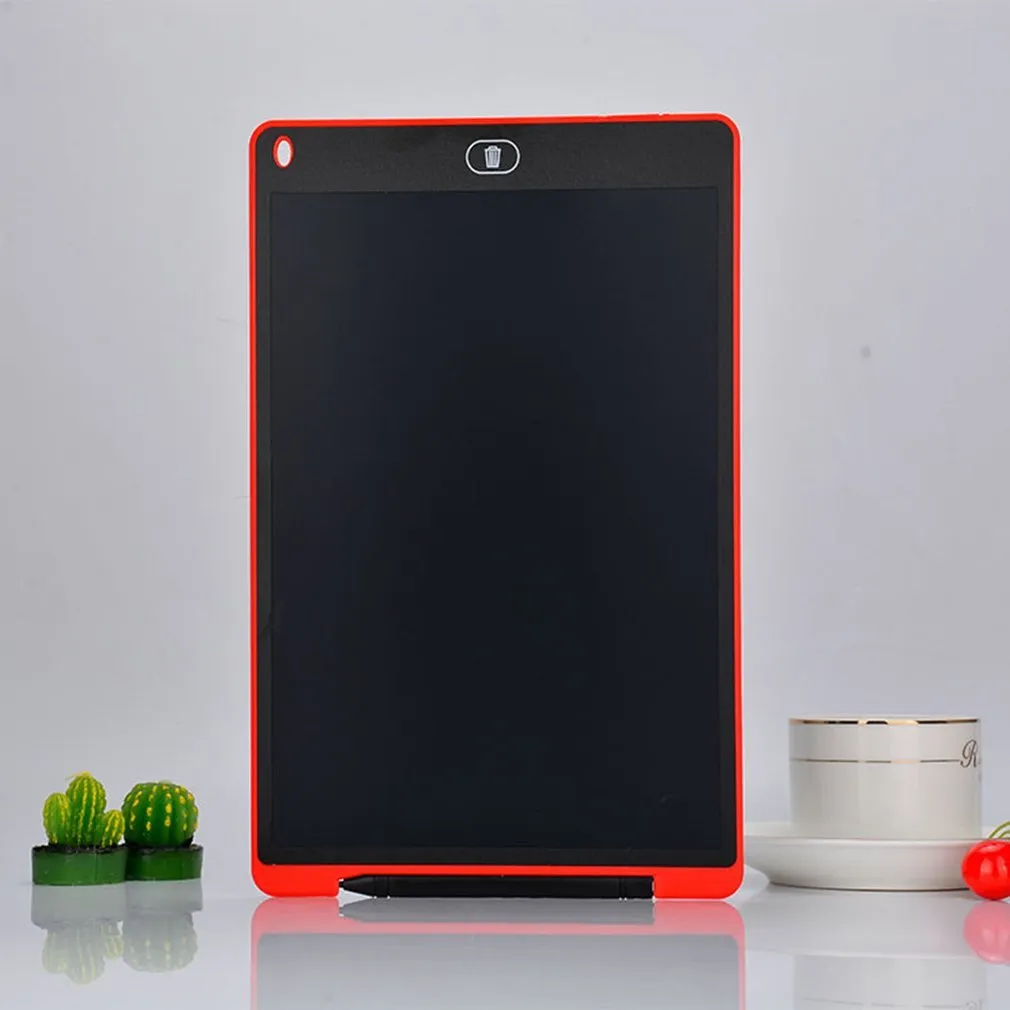 LCD electronic handwriting board for children in blue, showing stylus on screen.