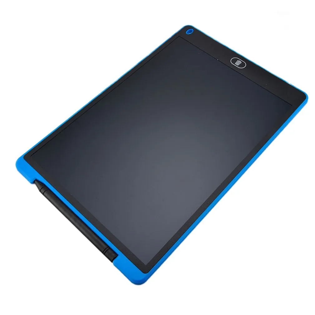 LCD electronic handwriting board for children in blue, showing stylus on screen.