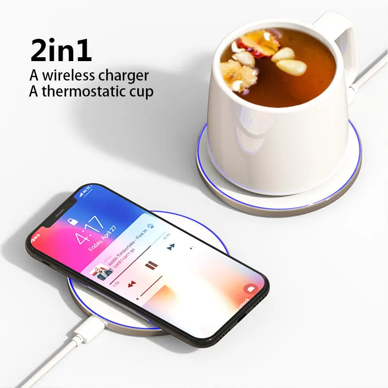 Ceramic wireless charging mug 200ml with handle on a wireless charger, models M8 and R9 available