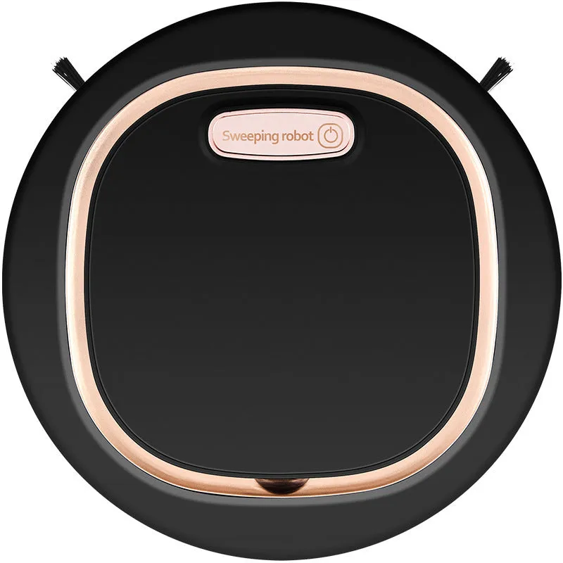 Fashion automatic intelligent sweeping robot in black with mopping function and mechanical collision bumpers on hard floor