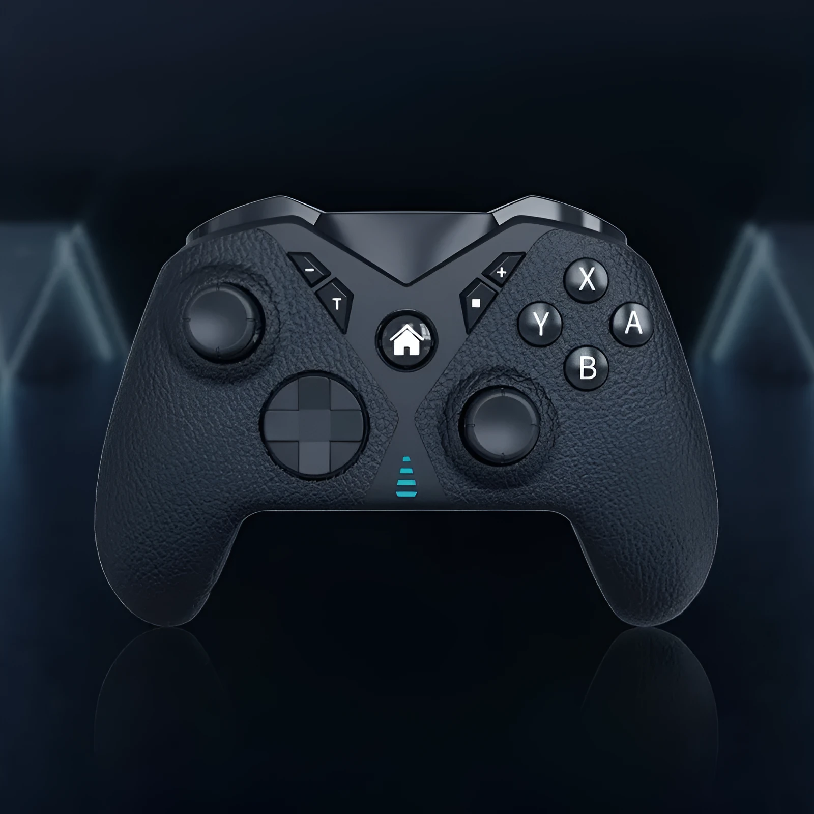 Black wireless game controller with leather-pattern finish for Nintendo Switch, PC, and mobile.