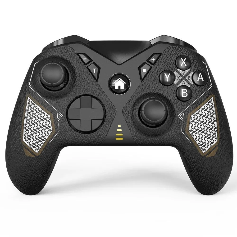 Black wireless game controller with leather-pattern finish for Nintendo Switch, PC, and mobile.
