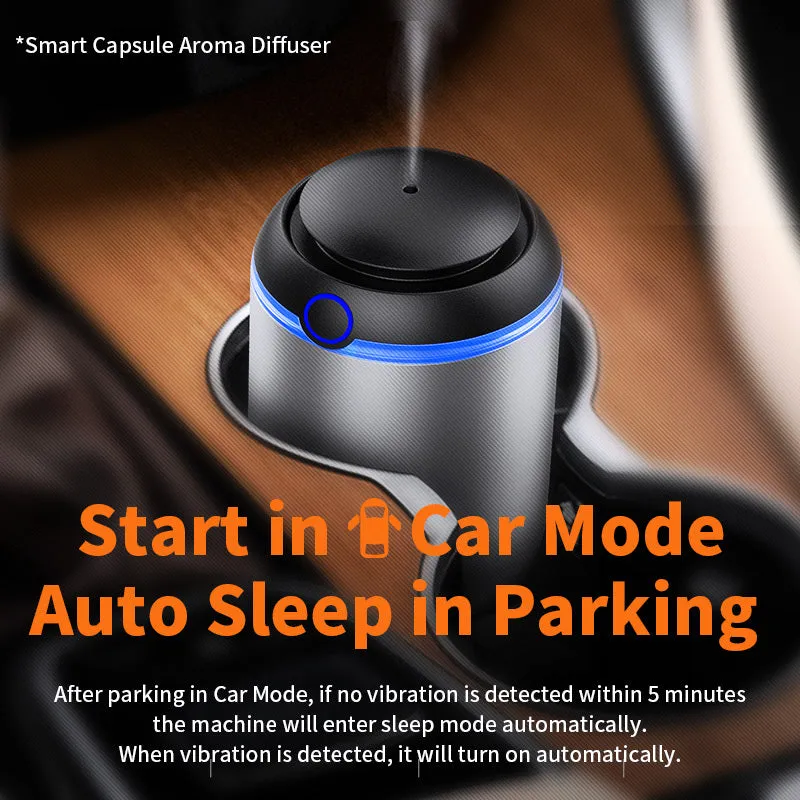 USB car aroma diffuser with wooden grain finish, 2000mAh battery, and 10ml oil bottle