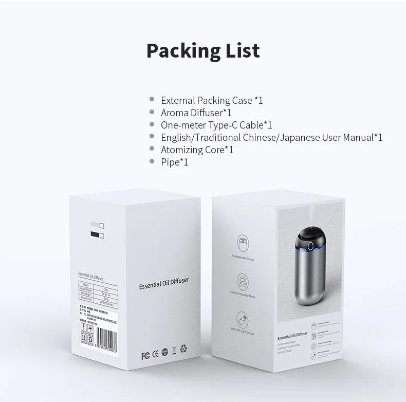 USB car aroma diffuser with wooden grain finish, 2000mAh battery, and 10ml oil bottle
