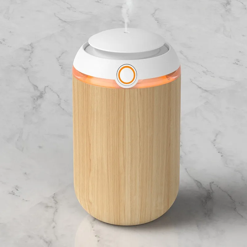 USB car aroma diffuser with wooden grain finish, 2000mAh battery, and 10ml oil bottle