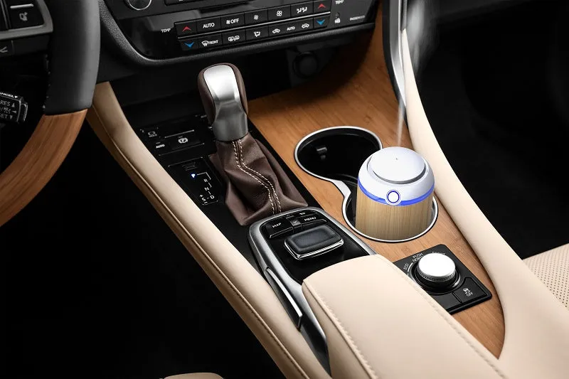 USB car aroma diffuser with wooden grain finish, 2000mAh battery, and 10ml oil bottle