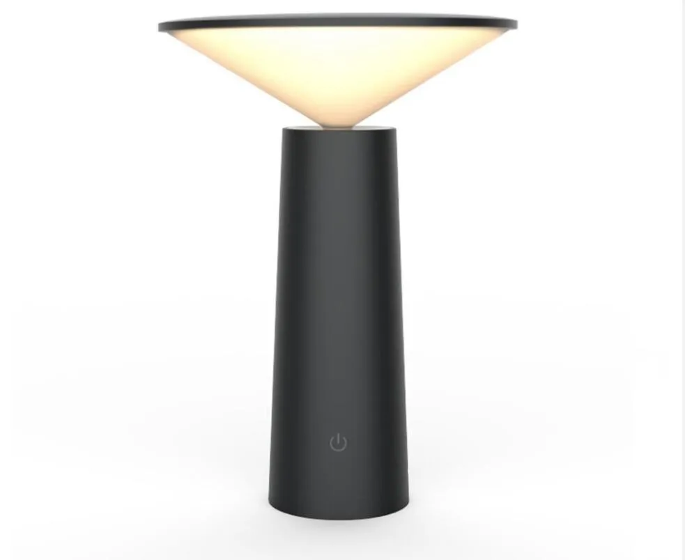 Black USB rechargeable table lamp with touch sensor panel and an adjustable flip lamp head.