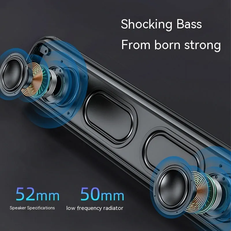 Black plastic home TV speaker subwoofer with dual speakers and 5.1 channel Bluetooth audio, front view