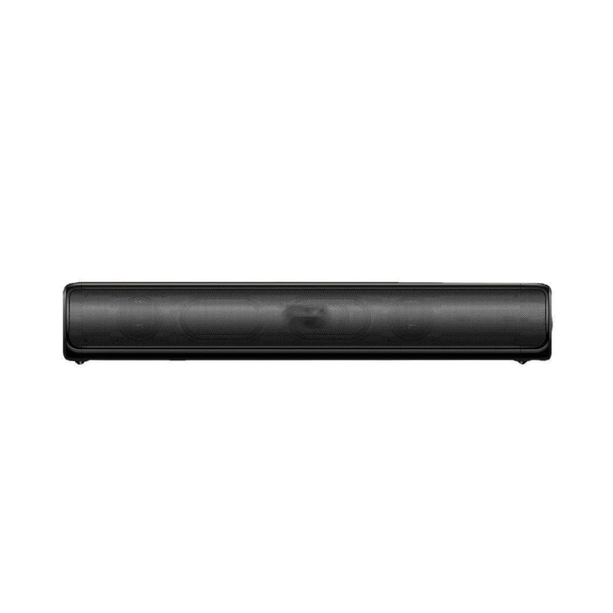 Black plastic home TV speaker subwoofer with dual speakers and 5.1 channel Bluetooth audio, front view