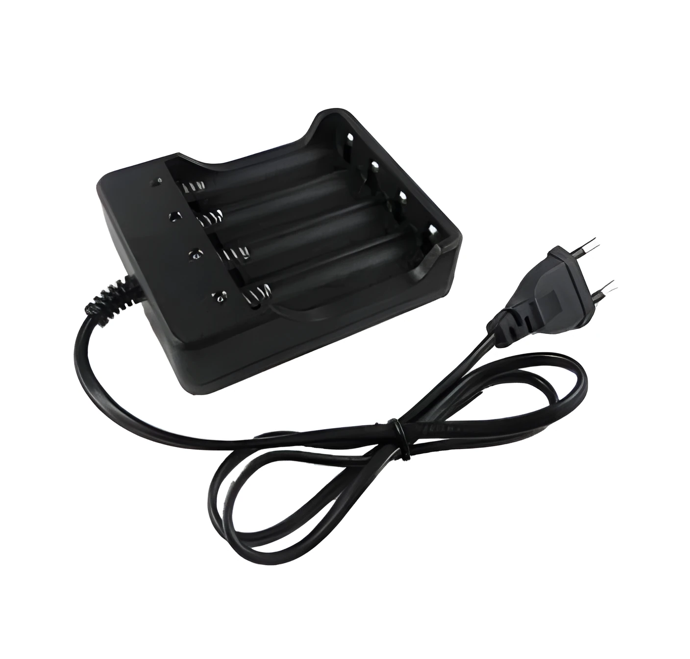 Black 4-slot 18650 lithium battery charger with UK plug and four vacant charging slots