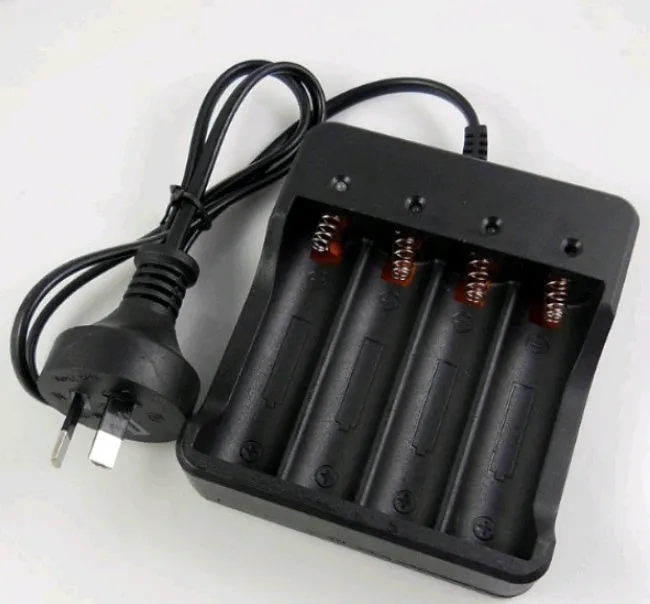 Black 4-slot 18650 lithium battery charger with UK plug and four vacant charging slots