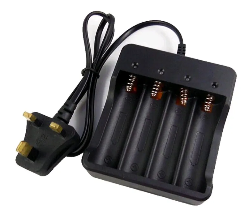Black 4-slot 18650 lithium battery charger with UK plug and four vacant charging slots