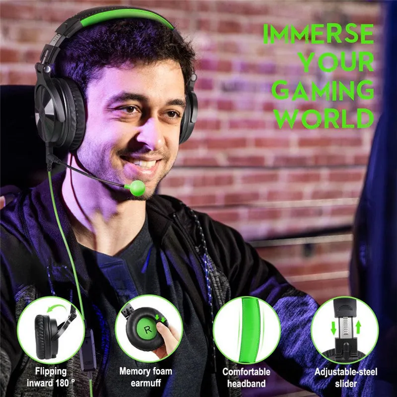 Oneodio Pro G green wired gaming headset with over-ear design and built-in microphone