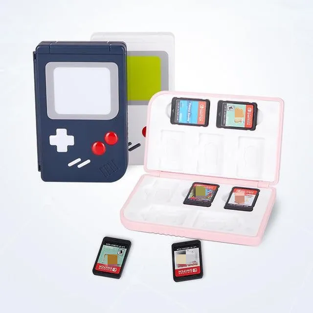 Compact blue Nintendo SWITCH game card storage box, shown next to game cards.
