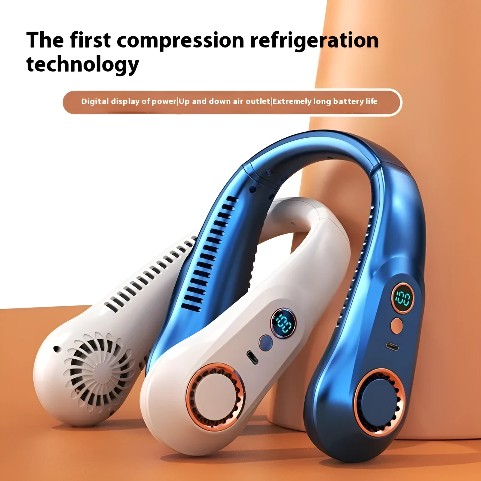 White portable bladeless bracket fan with digital display showing battery status, Type-C charging port, and dual 3000mAh battery.