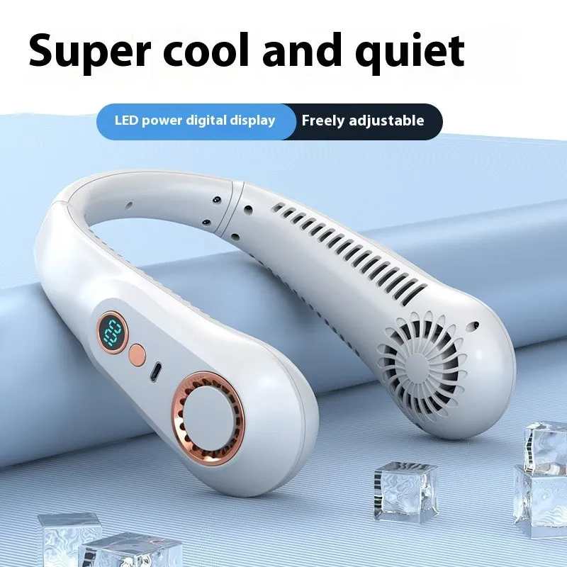 White portable bladeless bracket fan with digital display showing battery status, Type-C charging port, and dual 3000mAh battery.