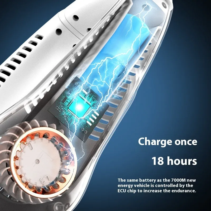 White portable bladeless bracket fan with digital display showing battery status, Type-C charging port, and dual 3000mAh battery.