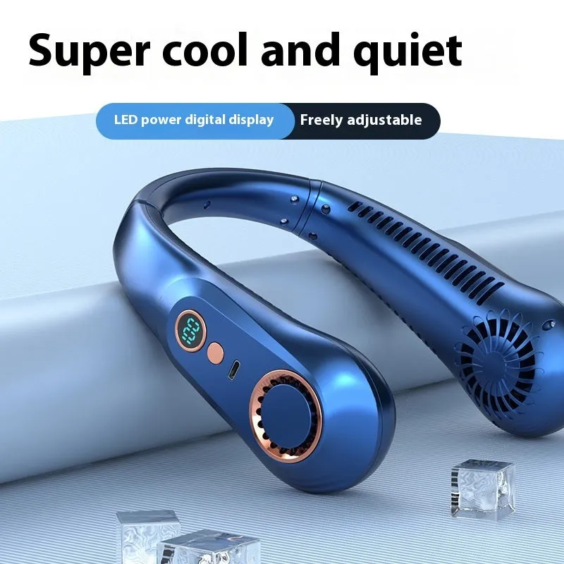 White portable bladeless bracket fan with digital display showing battery status, Type-C charging port, and dual 3000mAh battery.