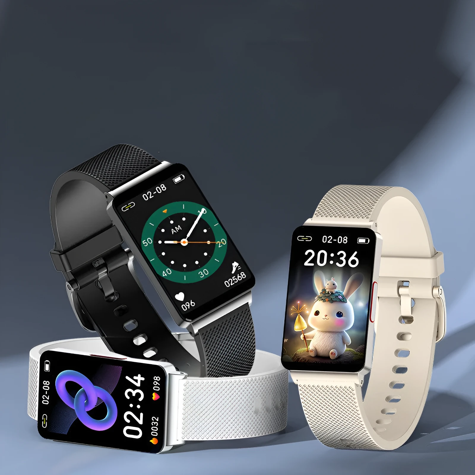 EP08 blood glucose smart bracelet with TPU strap and touch screen in black, gold, or silver colours