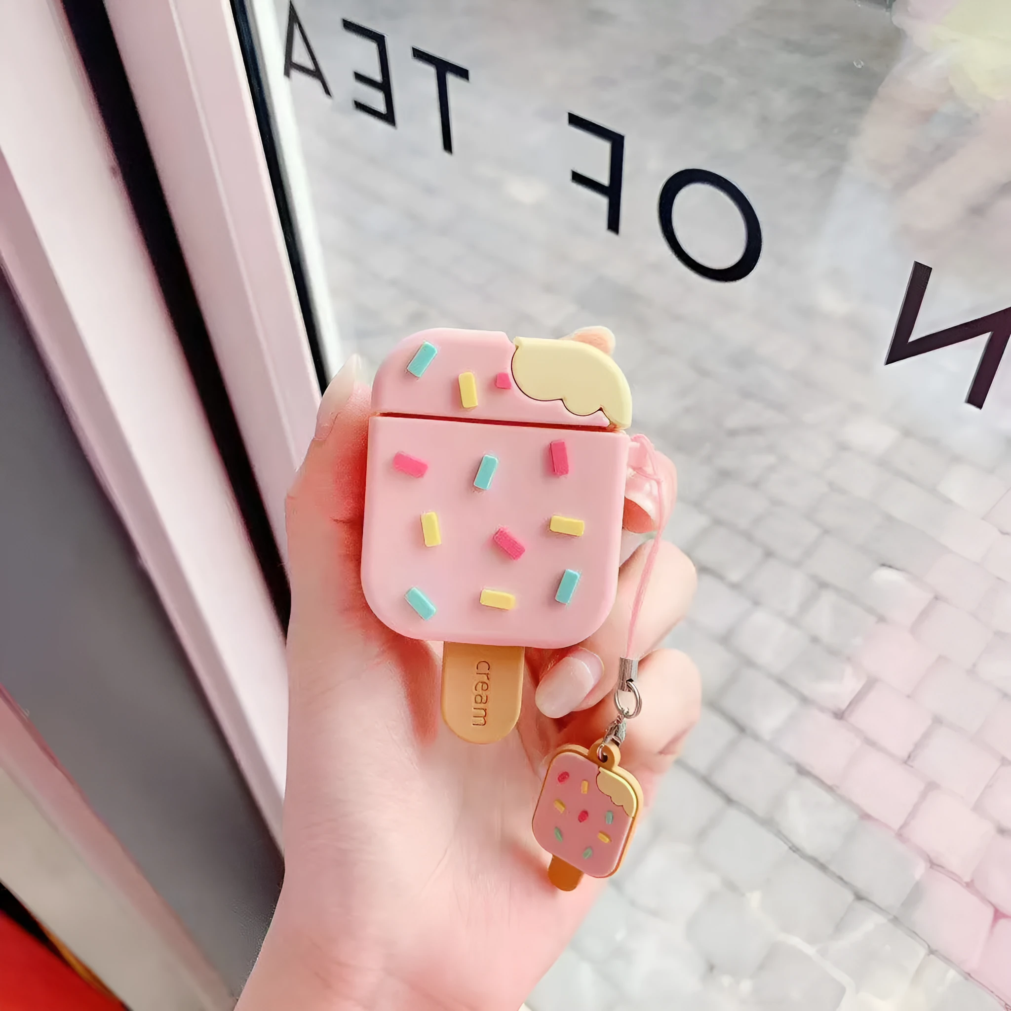 Pink silicone flip cover with cartoon camouflage pattern for AirPods Pro case