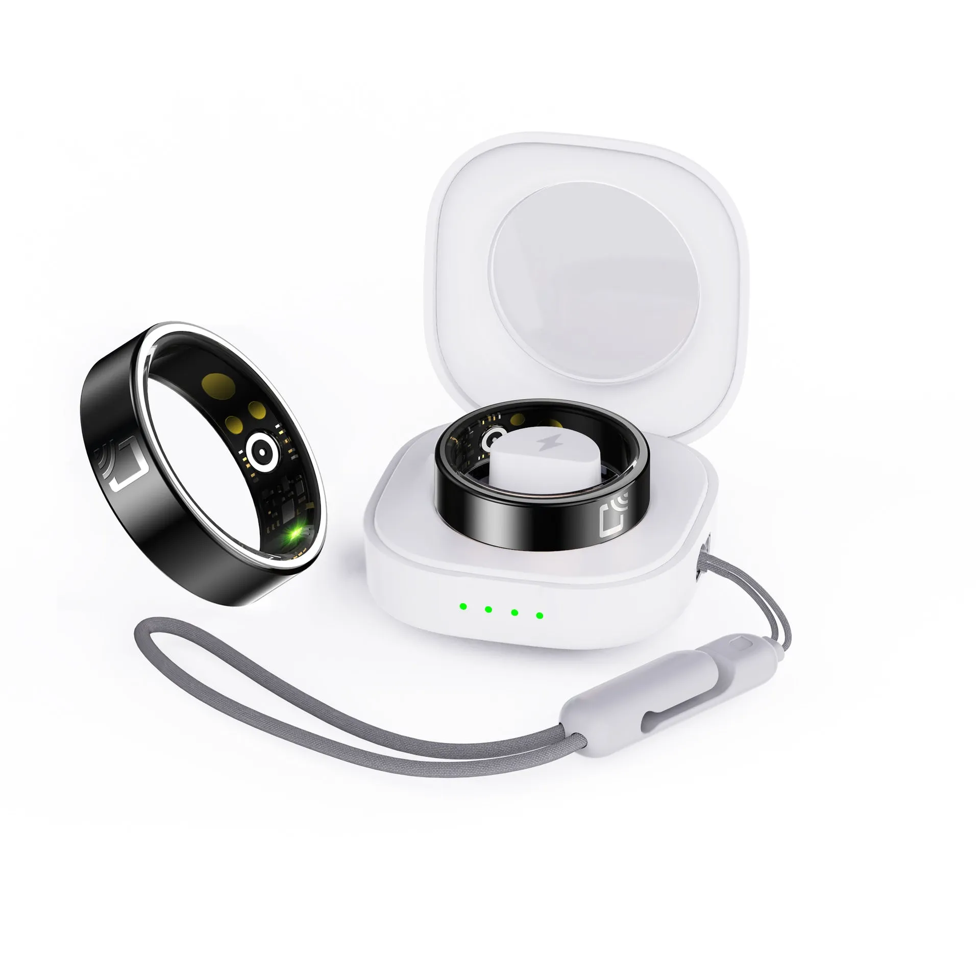 Black ceramic smart ring for health monitoring on a finger, shown with a magnetic charging cable.
