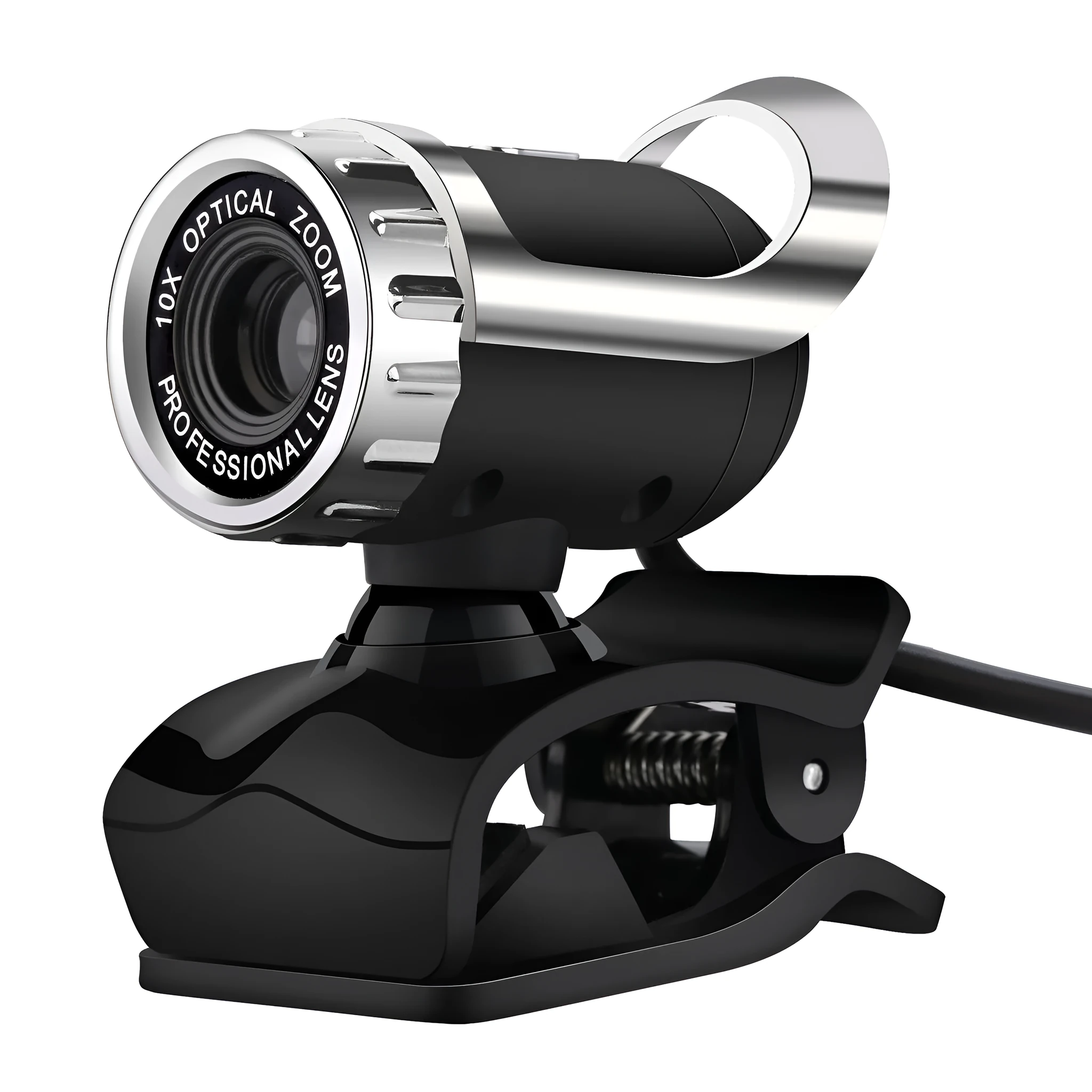 Black 5MP HD USB computer camera with night vision, manual focus lens, and built-in microphone on a notebook screen
