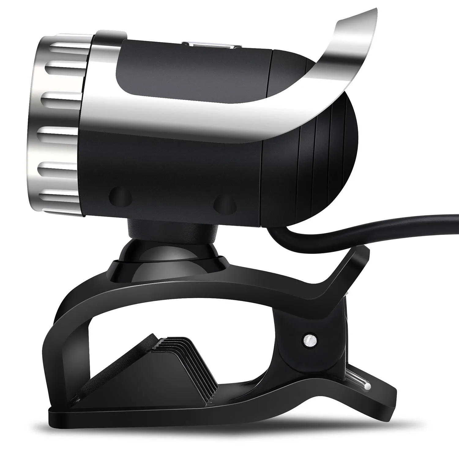 Black 5MP HD USB computer camera with night vision, manual focus lens, and built-in microphone on a notebook screen