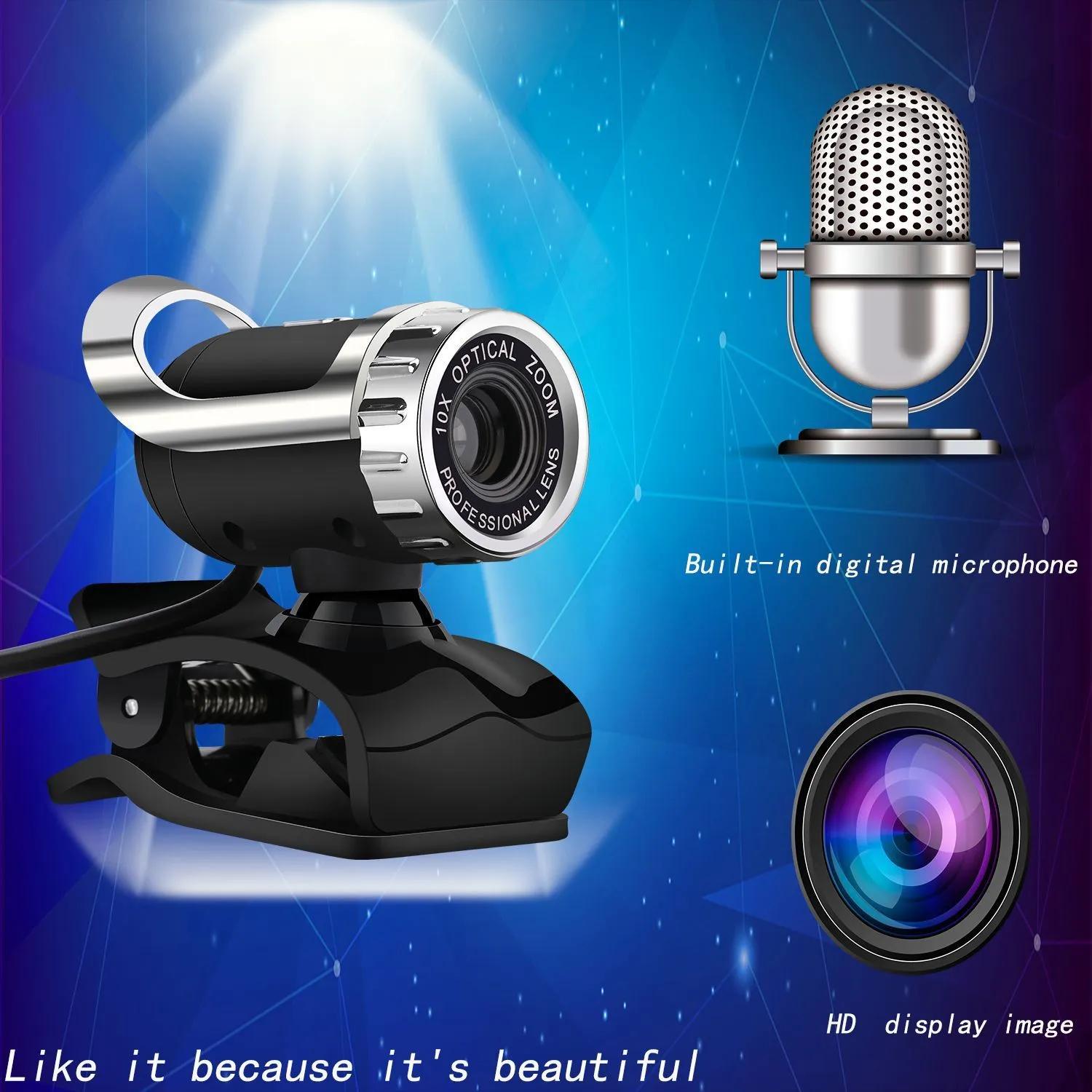 Black 5MP HD USB computer camera with night vision, manual focus lens, and built-in microphone on a notebook screen
