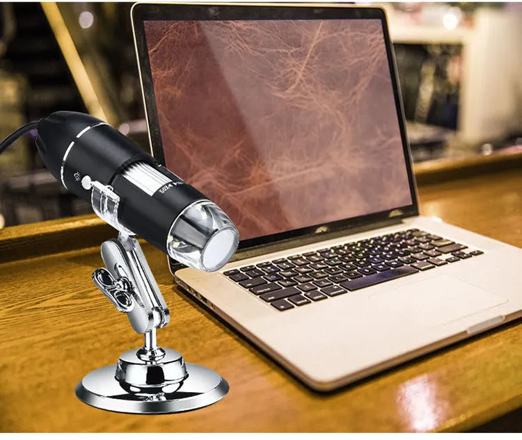 Digital microscope camera with 1000X to 1600X magnification, USB connection, and 640x480 pixel sensor