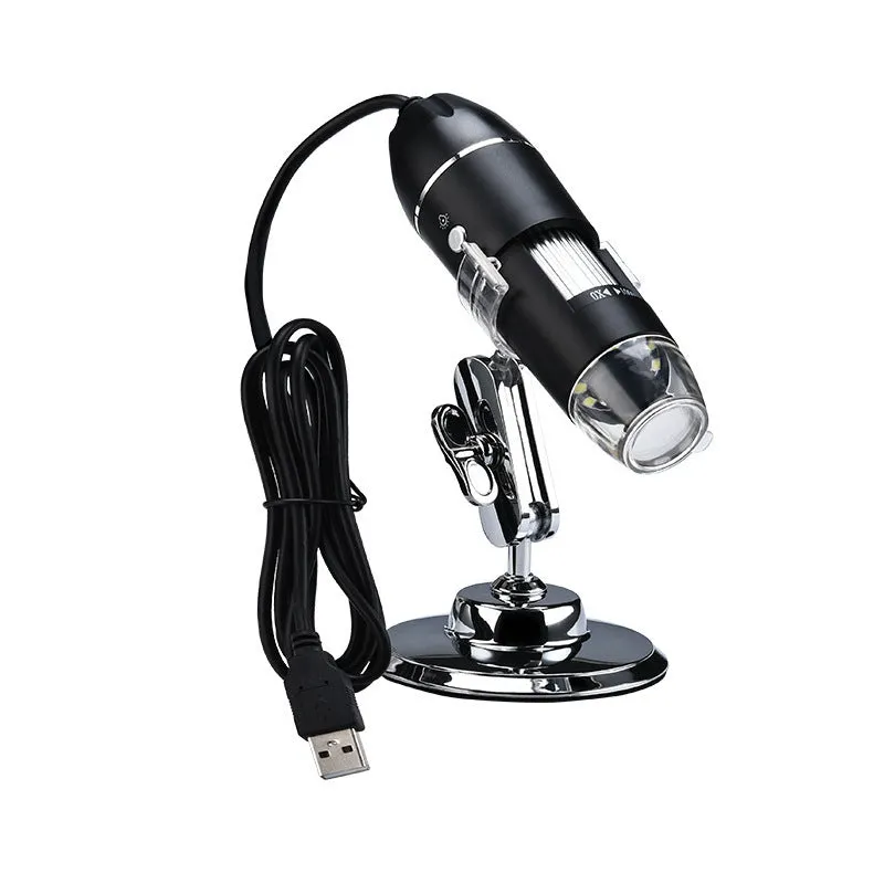 Digital microscope camera with 1000X to 1600X magnification, USB connection, and 640x480 pixel sensor