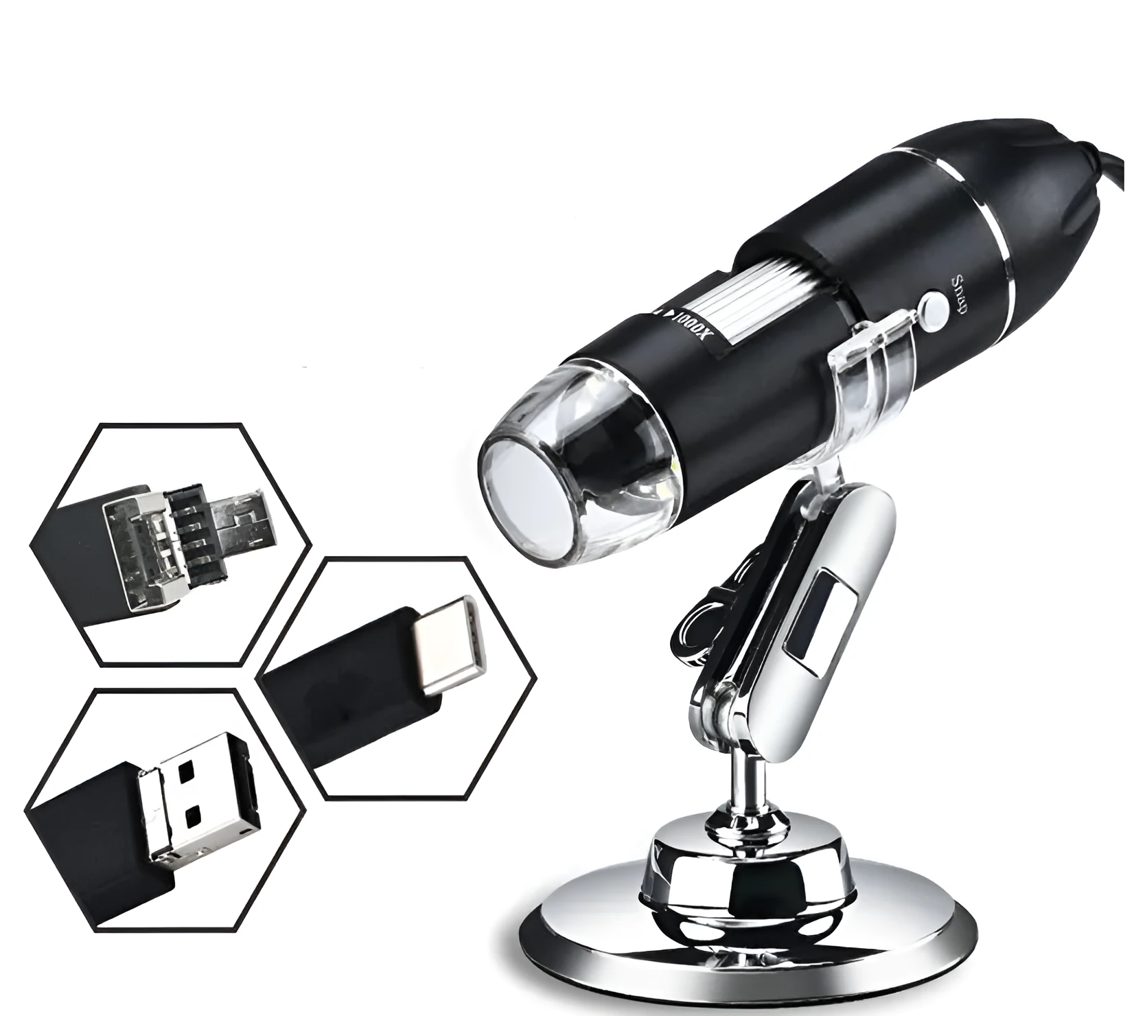 Digital microscope camera with 1000X to 1600X magnification, USB connection, and 640x480 pixel sensor