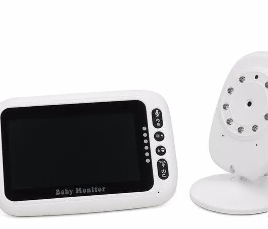 Wireless 4.3 inch baby monitor with night vision, two-way intercom, and temperature display on a white background