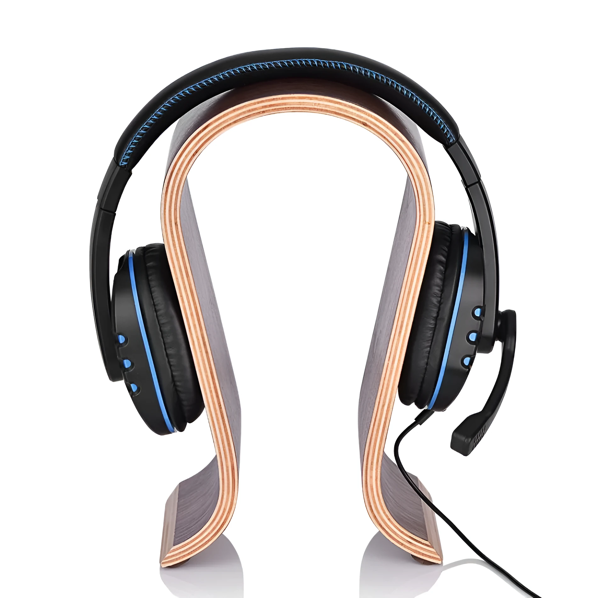 Wooden earphone holder for Bluetooth wireless headsets in brown finish on a desktop