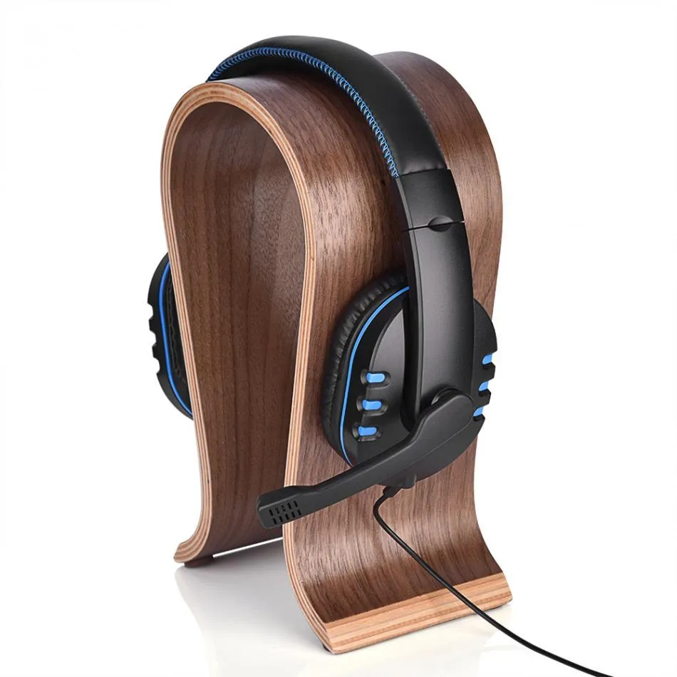 Wooden earphone holder for Bluetooth wireless headsets in brown finish on a desktop