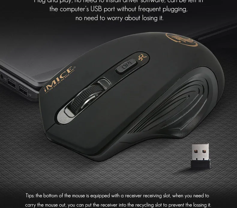 2.4G wireless silent ergonomic mouse in black with four buttons and USB receiver