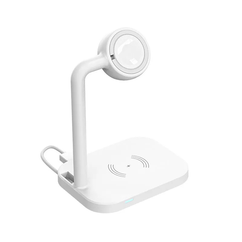 Multi function desktop stand wireless charger in black with indicator light, holding a mobile phone upright