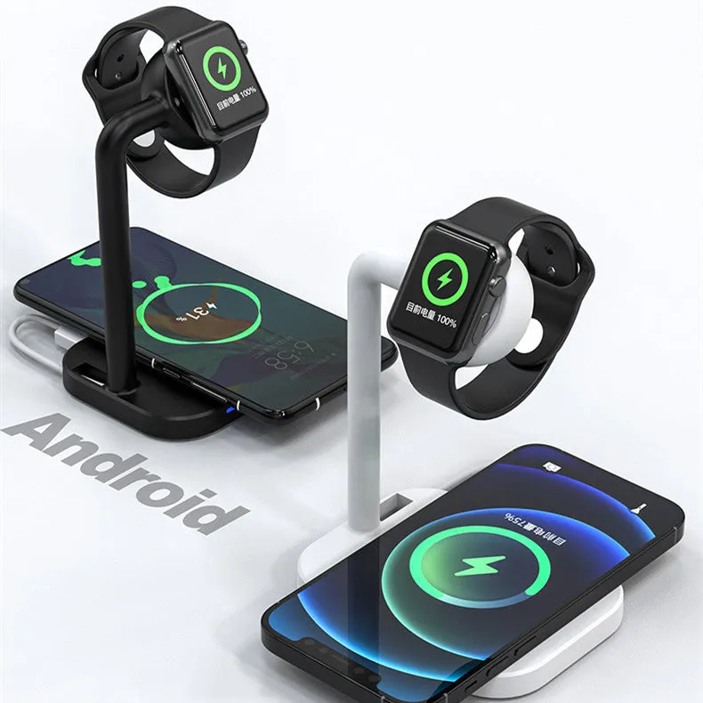 Multi function desktop stand wireless charger in black with indicator light, holding a mobile phone upright